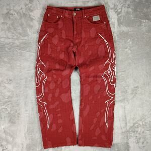 Revenge x City Morgue red distressed baggy flame streetwear grunge pants mens 32